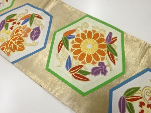JAPANESE KIMONO / ANITQUE FUKURO OBI / SILK / WOVEN KIKKO & KIKU & PAULOWNIA